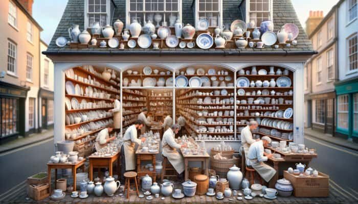 A welcoming East Calder porcelain repair shop with artisans restoring ceramics, offering bespoke consultations.
