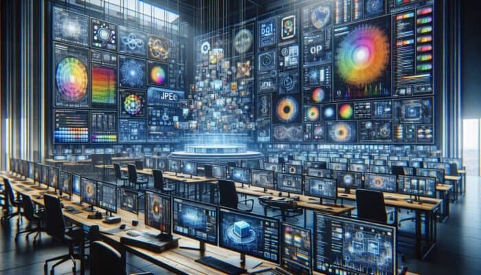 A digital artist's workspace comparing JPEG, PNG, and GIF formats on screens showcasing quality and speed graphs.