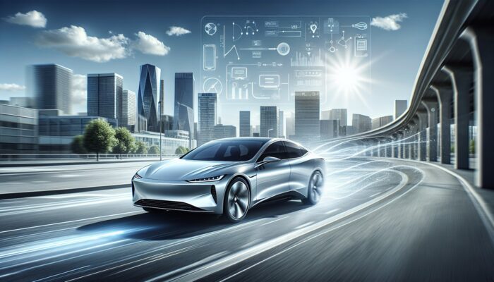 A sleek hybrid car on an urban street, seamlessly switching between electric and combustion power, under a clear sky.