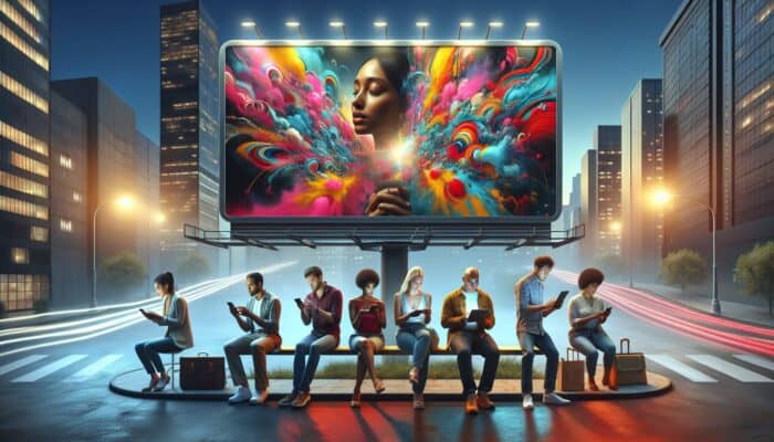 A digital billboard in a cityscape displaying advertisements, while individuals view the same ads on their smartphones and laptops across various platforms.