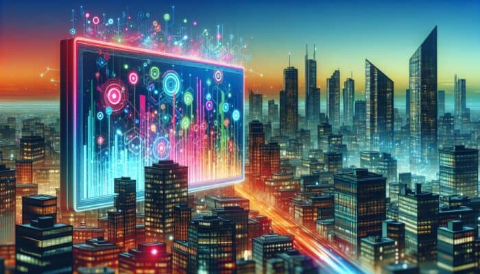 A dynamic digital billboard displaying vibrant hosting service advertisements against a bustling cityscape at twilight.