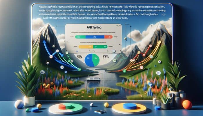 An A/B testing interface displaying two retargeting ads for hosting services with varying colour schemes and performance graphs.
