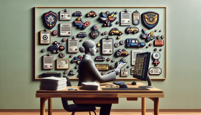 A person checking a car rental company's licensing and insurance on a computer, with official documents visible on the wall.