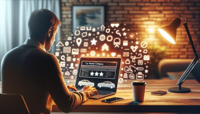 Individual reviewing car rental company ratings on a laptop in a cozy home office with a cup of coffee.