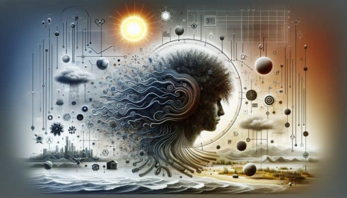 Individual with curly hair surrounded by symbols representing humidity, sunshine, and pollution, grappling with tangles due to inadequate hair care and heat styling.