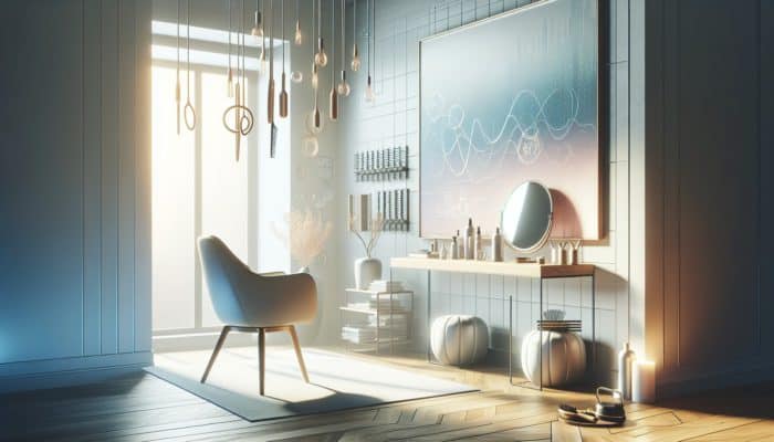 A tranquil room featuring a comfortable chair, a large mirror, and detangling tools on a table, with soft music playing in the background.