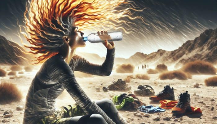 Individual consuming water in a warm, dry environment, surrounded by athletic gear, showcasing healthy, radiant hair.