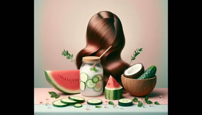 A vibrant assortment of watermelon, cucumber, and coconut water surrounding healthy hair on a pastel background.