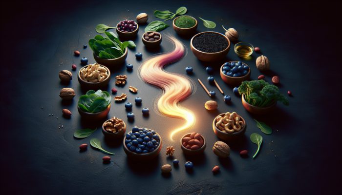A vibrant display of blueberries, nuts, and leafy greens like spinach and kale surrounding a glowing hair strand, symbolising hair health.