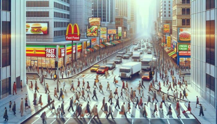 Supplements in Urban Fitness: A bustling cityscape with fast food and limited fresh produce, illustrating urban diet's nutritional deficiencies.