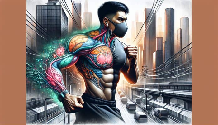 Urban fitness enthusiast jogging in polluted city, shielded by an antioxidant aura.