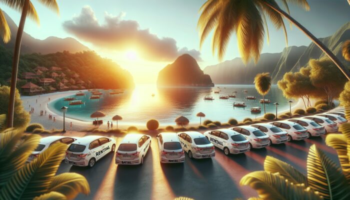A tranquil Bali beach featuring rental cars, highlighting the advantages of booking early during peak season.