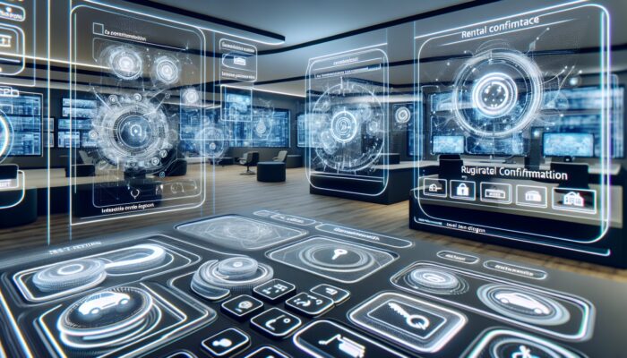 Futuristic car rental office featuring touchscreen interfaces and holographic displays for instant bookings and digital keys.
