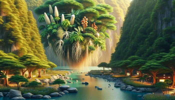 Reducing Fatigue With Adaptogens: A serene landscape featuring ginseng, ashwagandha, and other adaptogenic plants, illustrating the contrast between urban and natural environments.