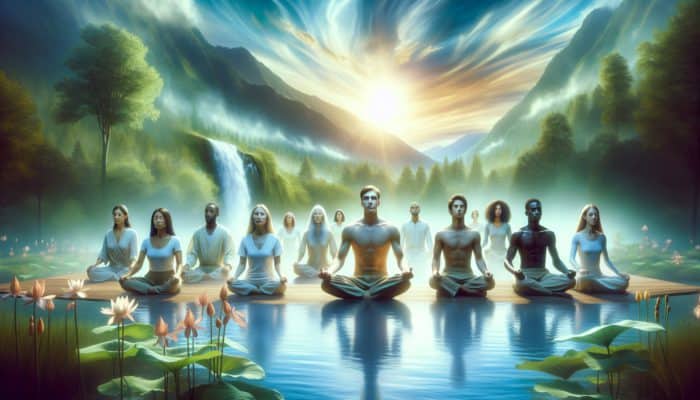 A tranquil scene showcasing vibrant adaptogenic plants like ashwagandha and ginseng, with individuals appearing revitalised and fatigue-free under a luminous sky.