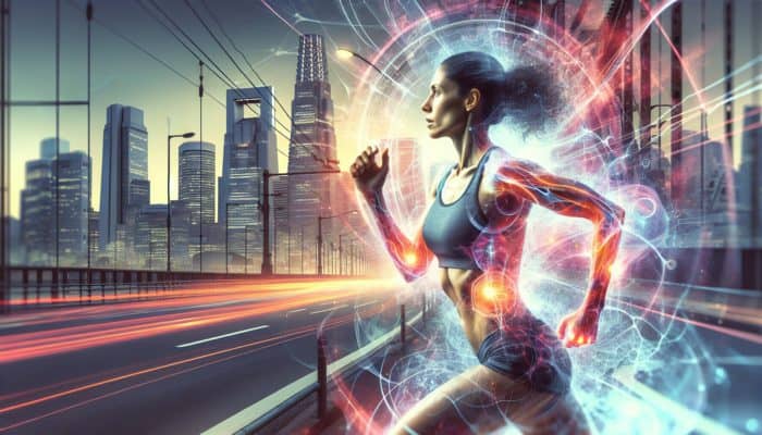 An athlete running the Tokyo marathon, energised by adaptogens, showcasing vibrant energy flow and enhanced stamina, leading to reduced fatigue.