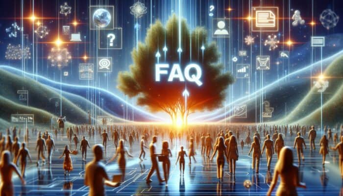 Utilising FAQs in Hosting Content Marketing: A glowing FAQ section on a digital landscape, surrounded by happy, diverse website visitors.