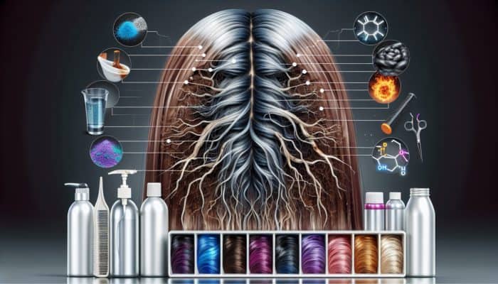 Damaged colour-treated hair strands showcasing signs of brittleness and breakage, surrounded by dye bottles, heat tools, and UV/pollution symbols.