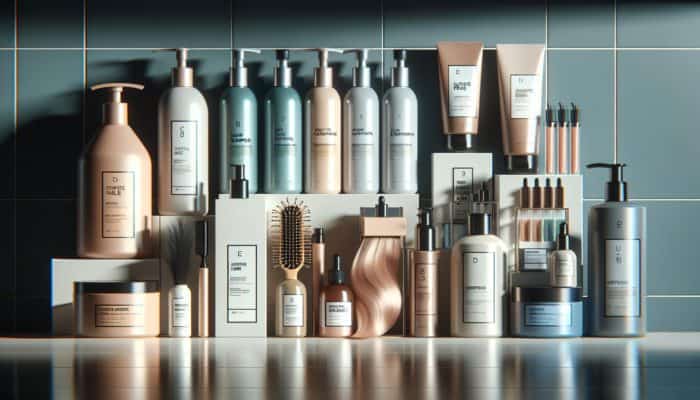 A selection of hair care products on a shelf, enhancing colour-treated hair's shine and health.