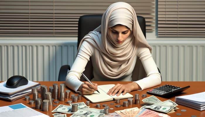 Individual setting financial goals for debt consolidation at a desk, surrounded by bills and financial documents.