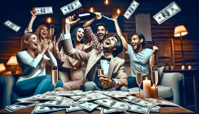 Individual celebrating a debt milestone with friends in a cozy living room, surrounded by paid bills and enjoying champagne.