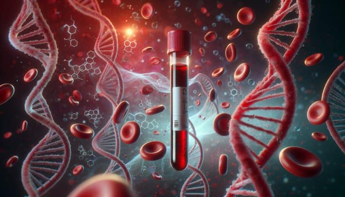 A blood sample tube labelled "Vitamin B12 Test" set against a backdrop of red blood cells and DNA strands.