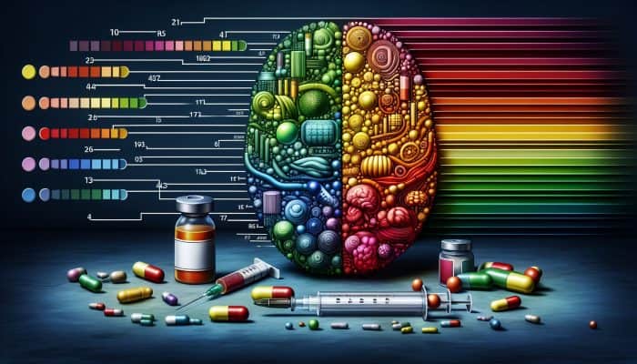 A medical chart illustrating vitamin B12 levels in pg/mL, with colour-coded ranges and treatment icons.