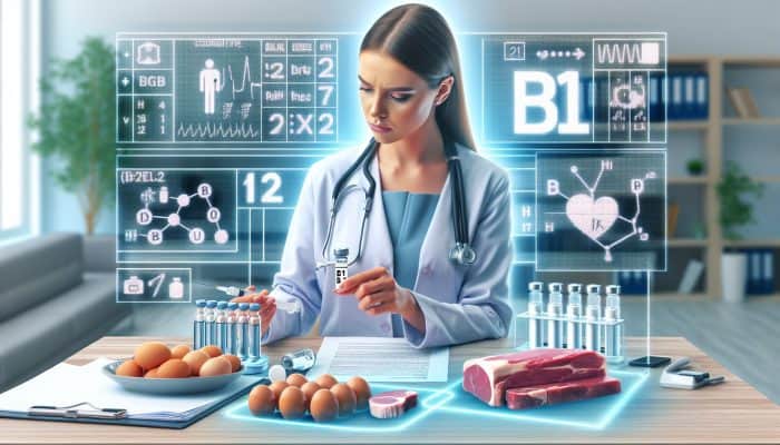 Healthcare provider reviewing B12 test results, personalising treatment with B12-rich foods and injections.
