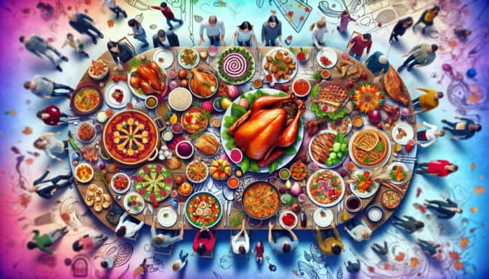 A festive table adorned with an array of main courses including turkey, salmon, lasagna, and vegan stir-fry, surrounded by cheerful guests.