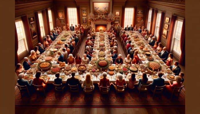 A festive table showcasing an array of dishes, surrounded by a joyful family and friends in an elegantly decorated dining room.