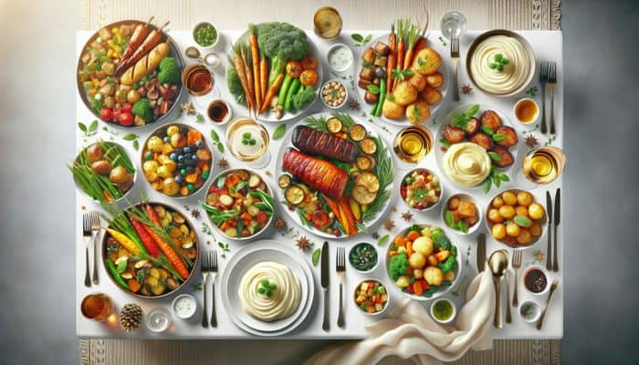 A festive table with dishes exhibiting contrasting flavours and textures: sweet vegetables, savoury meats, creamy potatoes, crispy carrots, warm and cool options.