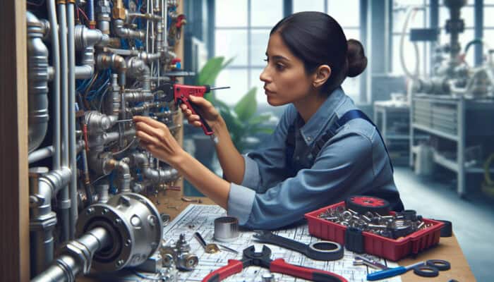 A plumber testing a complex backflow system in an urban setting, with tools and parts, illustrating service costs.