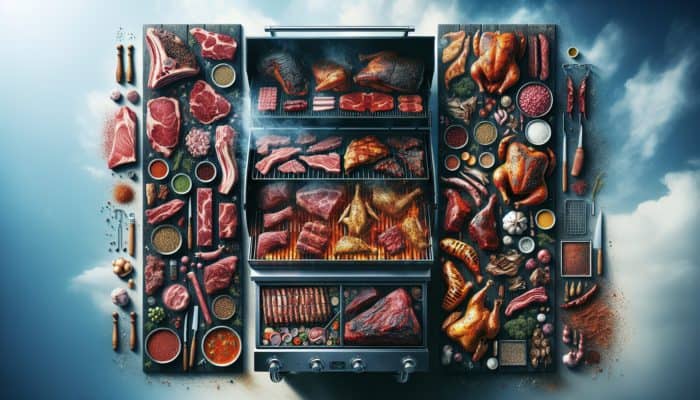 BBQ setup with meats being smoked, marinated, coated in dry rubs, brined, cooking low and slow over a wood-fired grill, enhancing flavours with a rich, smoky aroma.