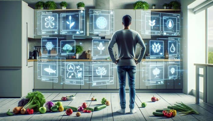 A person comparing plant-based diet apps on screens in a modern kitchen filled with fresh vegetables.