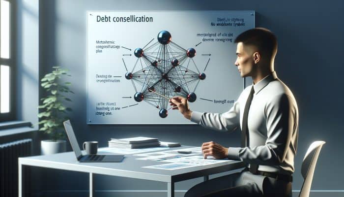 Tips for Faster Debt Consolidation Payoff: UK Strategies | DCL Financial advisor at desk with graphs, explaining debt consolidation plan to hopeful client.