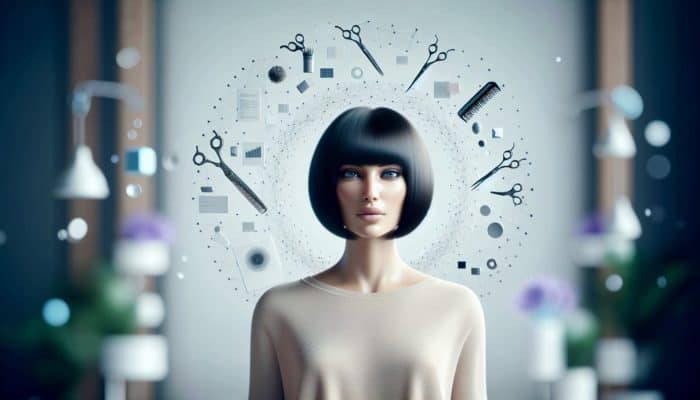A chic woman with a styled bob haircut in a modern salon, surrounded by hair tools.