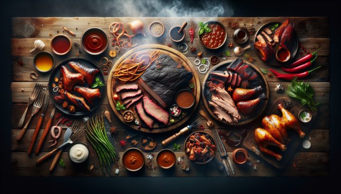 BBQ feast featuring Texas brisket, Carolina pulled pork, and chicken, highlighting regional American flavours.