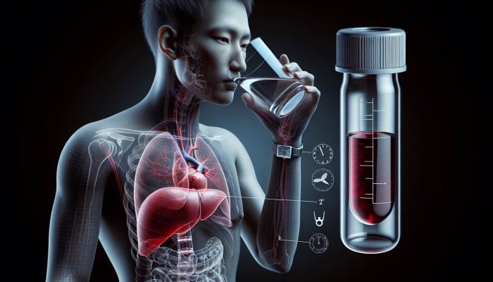 Person drinking water, holding clock at 12 hours, with liver diagram and blood test vial, preparing for liver blood test.
