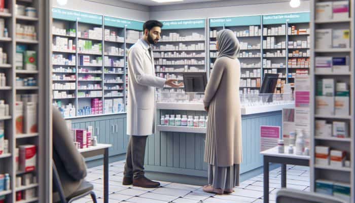 A pharmacist advising a patient on herbal remedies and conventional medications in a UK pharmacy.