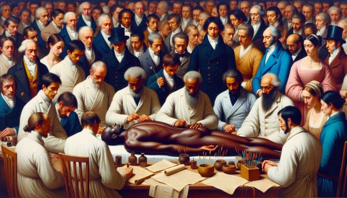 18th-century UK citizens and professionals gather around an acupuncture session, symbolising its mainstream acceptance.