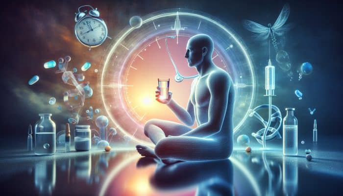 Person fasting for health check, sitting with water, medical symbols, early morning clock.