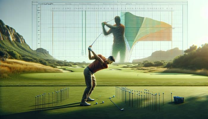 Golfer at Zimbali range using alignment sticks, adjusting grip, and practicing in-to-out swing to correct slicing.