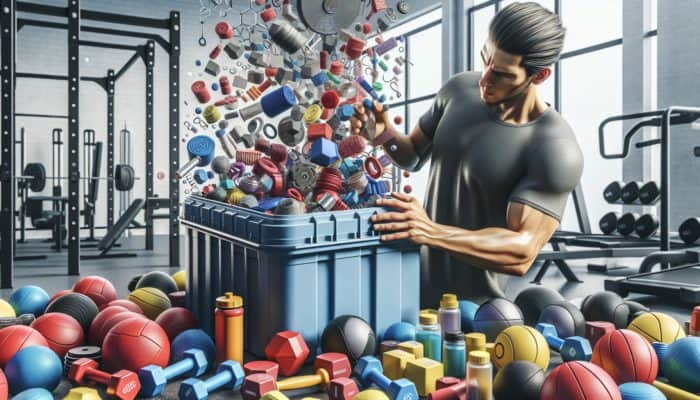 A focused individual in a gym examining a pre-workout supplement label surrounded by fitness equipment.