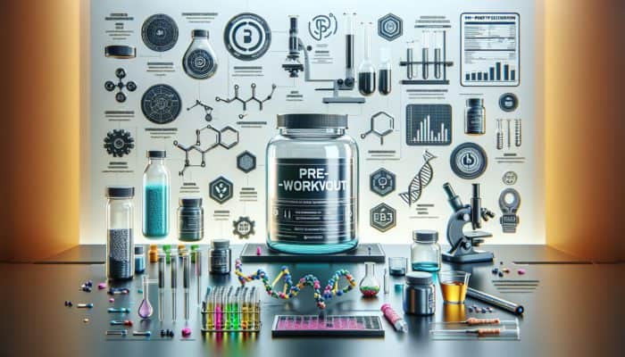 Transparent bottle of pre-workout supplement on a lab bench with scientific equipment and certification logos, showcasing detailed ingredient dosages.