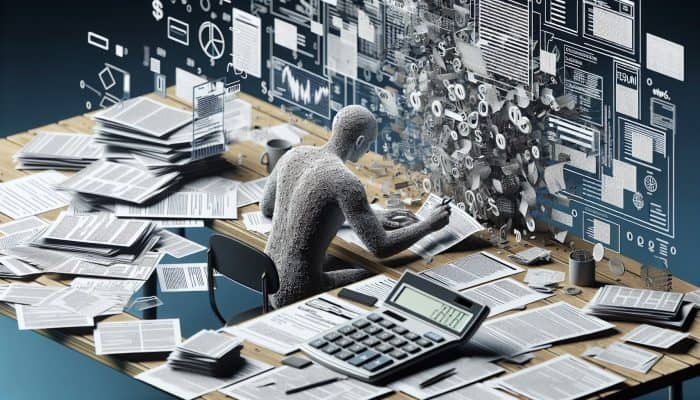 Debt Consolidation Loans for Self-Employed: UK Guide | DCL Person at desk with loan documents, filling out debt consolidation form, calculator and laptop with financial graphs nearby.