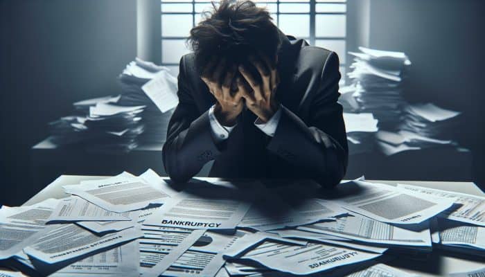 Busting the Debt Consolidation Bankruptcy Myth | DCL A distressed person at a cluttered desk with legal documents and financial statements, under harsh lighting, symbolizing bankruptcy in the UK.