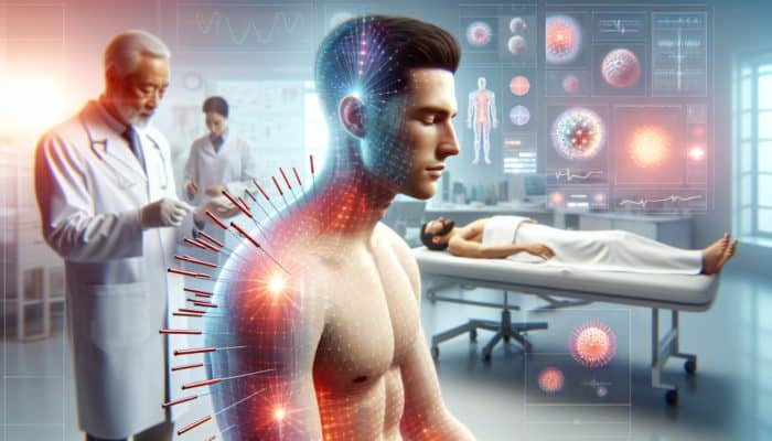 A patient receiving acupuncture in a UK clinic, relaxing as needles alleviate shingles pain, with charts showing 50% pain reduction.