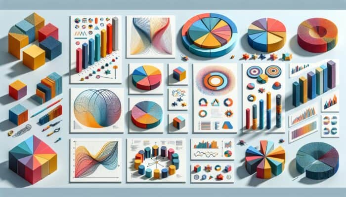 Infographic showcasing data visualisation techniques including bar charts, pie charts, line graphs, and icons.