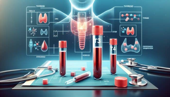 Thyroid Blood Test in Cambridge: Illustration of thyroid blood test with vials labeled T3 and T4, thyroid gland, and hormone level graphs.