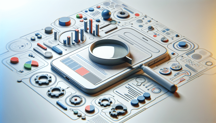 Smartphone presenting search results featuring optimised title tags, magnifying glasses, and graphs illustrating mobile search optimisation.